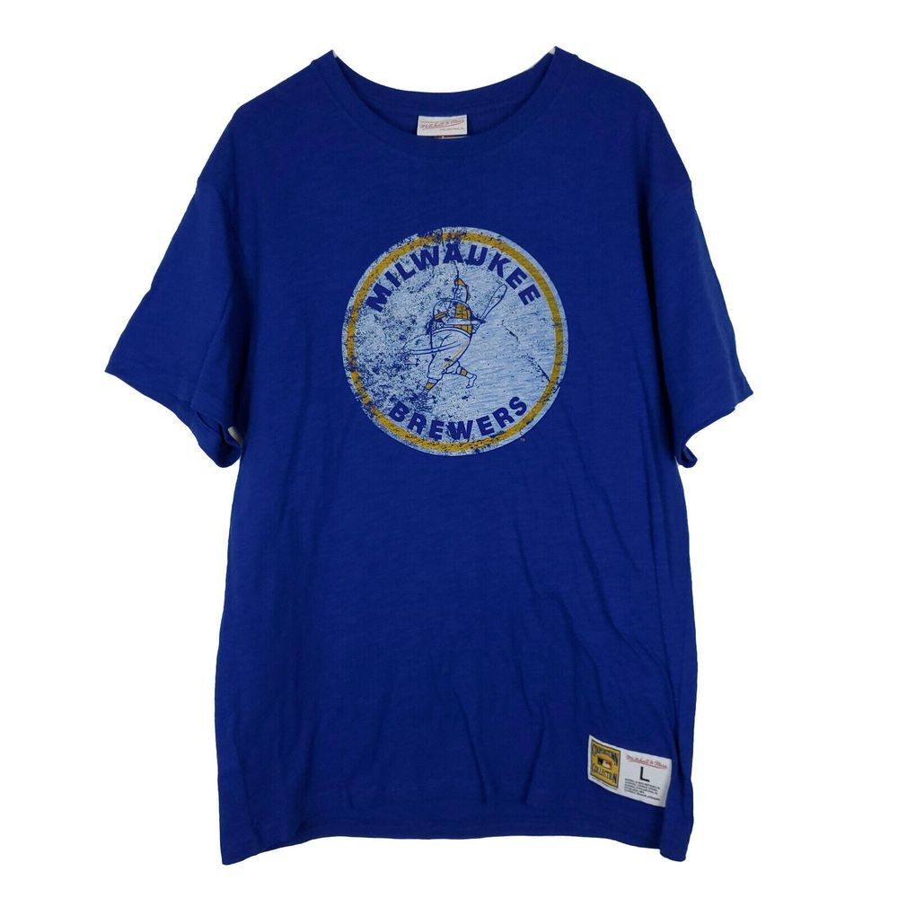 Mitchell & Ness Milwaukee Brewers MLB Shirt L Large Distressed Logo Blue‎ NWT